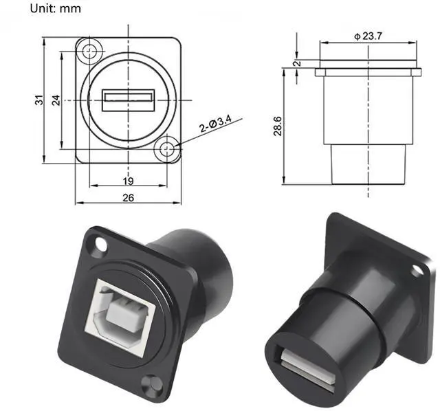 Alt view image 6 of 6 - Vszerda USB B to A Panel Mount Adapter - D-Type USB Type B to A Conversion Connector for Printers & Scanners, Compatible with HP, Canon, Epson, Lexmark, Xerox & More