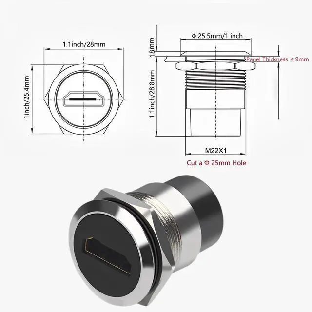 Alt view image 3 of 5 - Vszerda HDMI Panel Mount Adapter 4K@60Hz - Female-to-Female Threaded Connector, with Anti-Loosening Gasket and Waterproof Cover, Ideal for Car, Dashboard and Device Panels (Silver)