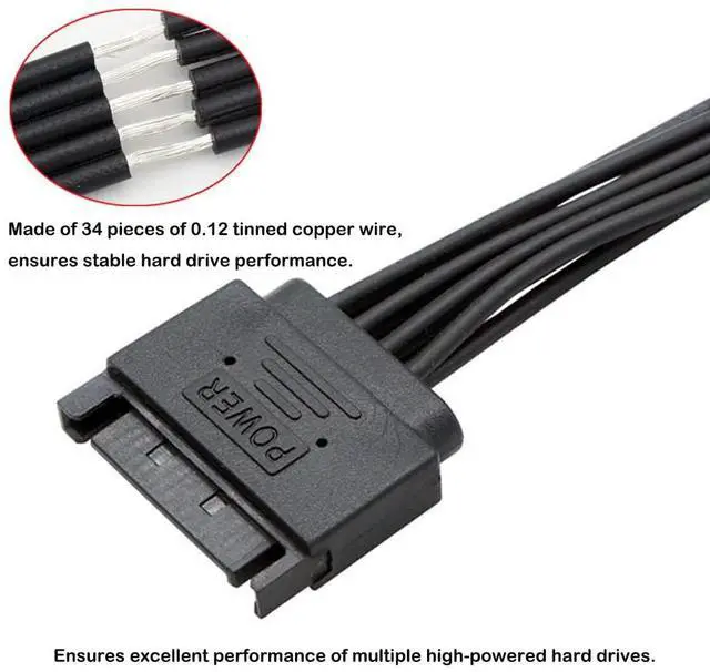 Alt view image 2 of 6 - Vszerda SATA Power Extension Cable 15 Pin SATA Male to Female Extender Cable Adapter for HDD Hard Drive 16.5inch 42cm (1 to 3)