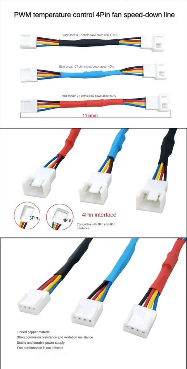 Alt view image 6 of 7 - Vszerda 2 Packs 4-Pin PWM Fan Speed Reduction Cable, Optimized Cooling and Noise Reduction, Compatible with Computer Fans for Enhanced Performance 4.5inch (Blue Reduce 40% Fan Speed)