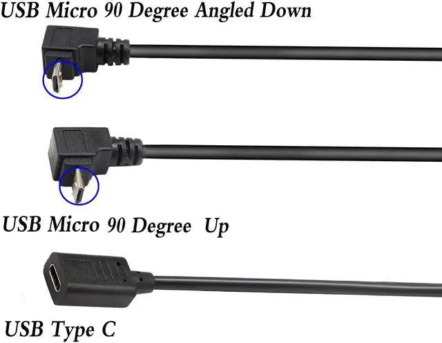 Alt view image 3 of 7 - Vszerda (2-Pack)Micro USB to Type-C Extender Cable, USB 3.1 Type-C Female to 90 Degree Up & Angled Down Micro USB Male Extension Cable Data Sync and Charging Cable for & Tablet & Mobile Phone (30CM)