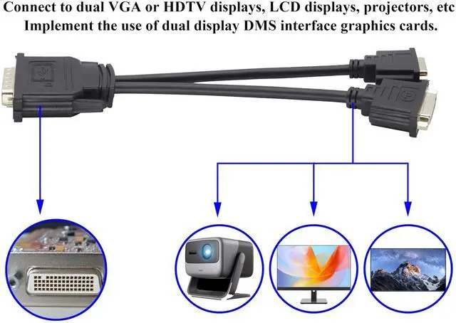 Alt view image 7 of 7 - Vszerda DMS-59 to DVI Splitter Cable Connector for Dual Monitor Setups or as a DVI Adapter Y Cord Dongle-10inch