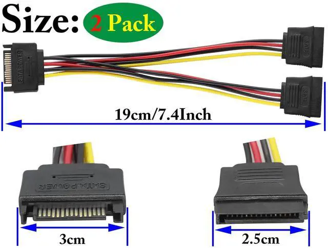 Alt view image 2 of 7 - Vszerda 15Pin SATA Power Supply 1 to 2 Y Splitter Cable,SATA 15Pin 1 Male to 2 Female Interface Extension Cable,15Pin Desktop Hard Drive Optical Drive Power Cord Serial Port Line Adapter.(2Pack)
