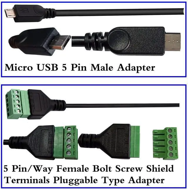 Alt view image 6 of 6 - Vszerda Micro USB Screw Terminal Block Connector Cable Micro USB 2.0 Male Plug to 5 Pin/Way Female Bolt Screw with Shield terminals Pluggable Type Adapter Connector Cable30CM/2Packs (Male)