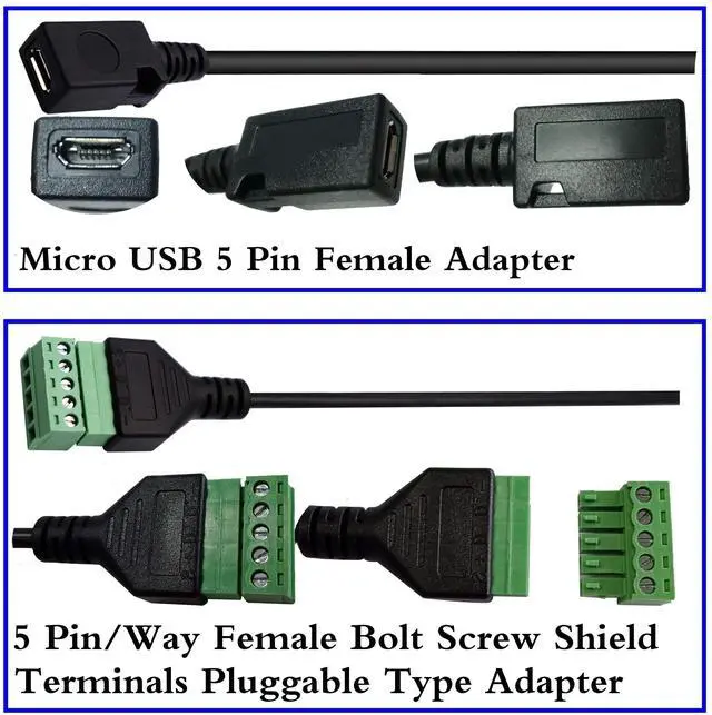 Alt view image 5 of 7 - Vszerda Micro USB Screw Terminal Block Connector Cable - 2.0 Female Plug to 5 Pin/Way Female Bolt Screw Adapter with Shield Terminals (30CM/2PacCK)