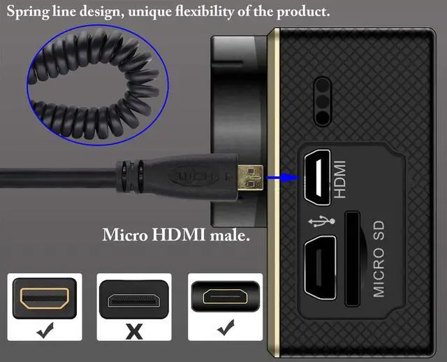 Alt view image 4 of 7 - Vszerda HDMI to HDMI D Spring Cable,1080P 4k High Speed Ultra HD hdmi Version 1.4 Male Cable,gopro hdmi Cable,Support Ethernet, 3D, 4K Audio and Video Straight Spring Cable.(Black/2m-A/D)