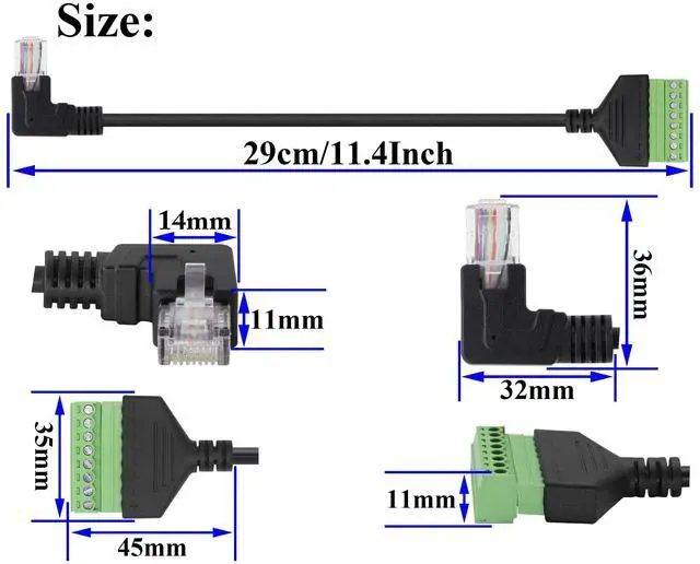 Alt view image 2 of 7 - Vszerda 90 Degree (Right Bend) RJ45 Male to 8PIN Terminal Block Solderless Cable DVR Ethernet Connector RJ45 Screw Terminal Adapter Cable Cat6 Cat5 Ethernet Cable Extender Adapter(2 Pack/30cm-Right)