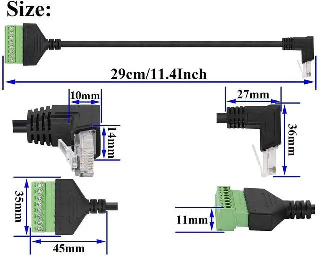 Alt view image 2 of 7 - Vszerda 90 Degree Cat 5 Ethernet Screw Terminal Cable (Down Bend) RJ45 Male to 8-Pin Screw Terminal Extender 8P 8C Crystal to 8-Position Terminal Straight Through Network Extender(2 Pack/30cm/Down)