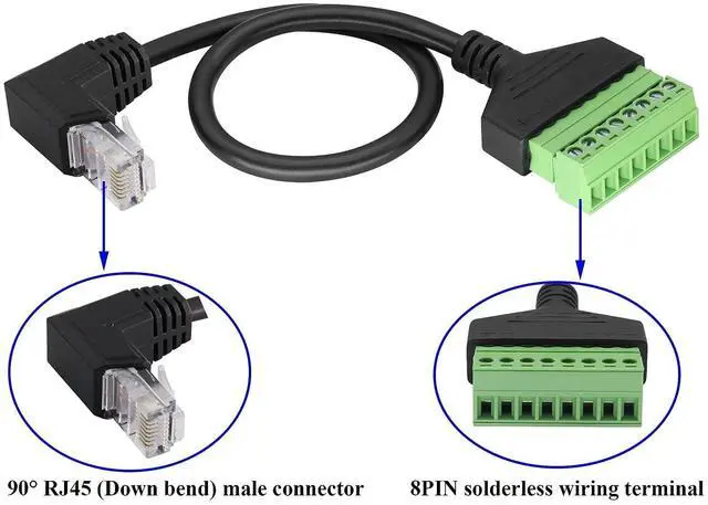 Alt view image 3 of 7 - Vszerda 90 Degree Cat 5 Ethernet Screw Terminal Cable (Down Bend) RJ45 Male to 8-Pin Screw Terminal Extender 8P 8C Crystal to 8-Position Terminal Straight Through Network Extender(2 Pack/30cm/Down)