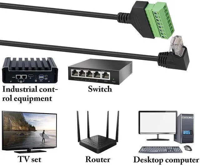 Alt view image 7 of 7 - Vszerda 90 Degree Cat 5 Ethernet Screw Terminal Cable (Down Bend) RJ45 Male to 8-Pin Screw Terminal Extender 8P 8C Crystal to 8-Position Terminal Straight Through Network Extender(2 Pack/30cm/Down)