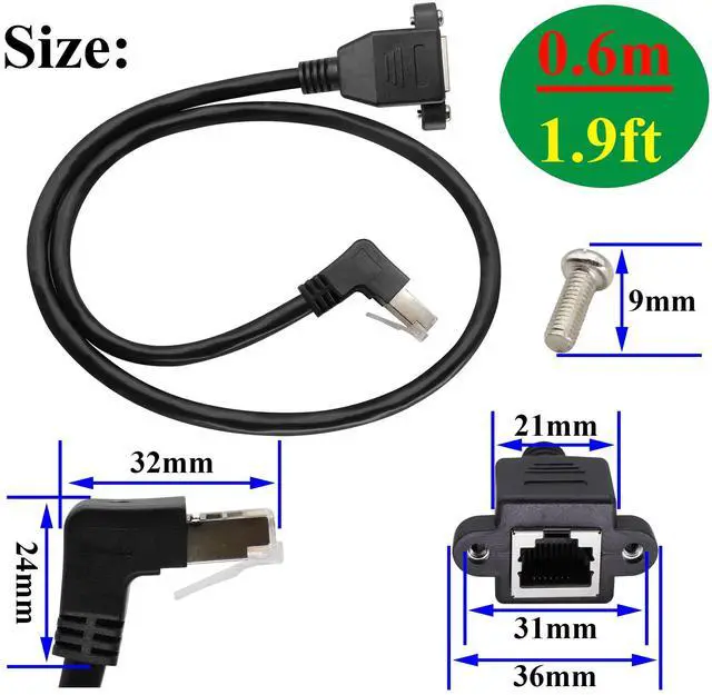 Alt view image 2 of 7 - Vszerda 90 Degree CAT6 RJ45 Twisted Pair Network with Ear Extension Cable, RJ45 Male to Female Shielded Network Connector Compatible with Switches,Routers,PCs,Network Printers,etc.(Down/0.6M)