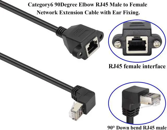 Alt view image 3 of 7 - Vszerda 90 Degree CAT6 RJ45 Twisted Pair Network with Ear Extension Cable, RJ45 Male to Female Shielded Network Connector Compatible with Switches,Routers,PCs,Network Printers,etc.(Down/0.6M)
