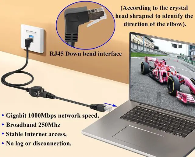 Alt view image 6 of 7 - Vszerda 90 Degree CAT6 RJ45 Twisted Pair Network with Ear Extension Cable, RJ45 Male to Female Shielded Network Connector Compatible with Switches,Routers,PCs,Network Printers,etc.(Down/0.6M)