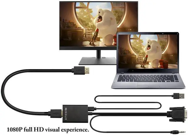 Alt view image 7 of 7 - Vszerda VGA to HDMI Converter Adapter, Output 1080P VGA Male to HDMI Female Audio Video Cable Converter Adapter, for Computer, Laptop, Projector, HDTV with Audio Cable and USB Cable (Black)
