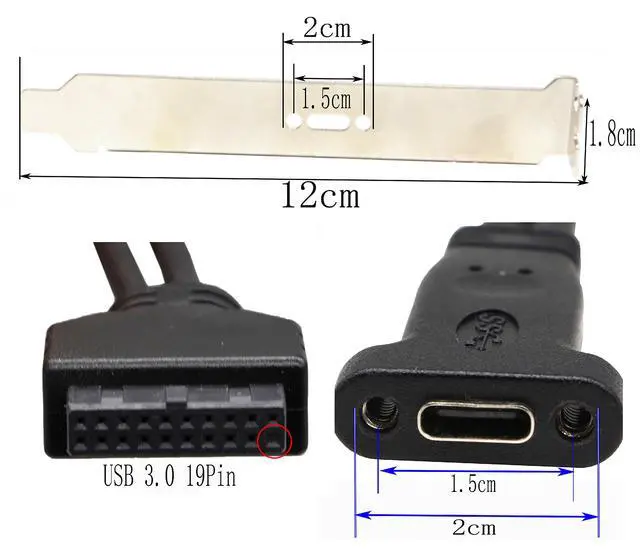 Alt view image 5 of 7 - Vszerda 50cm USB 3.0 19 Pin to USB C Front Panel Header Cable, USB 3.0 19 Pin Female to USB Type C Female Panel Mount Extension Cable