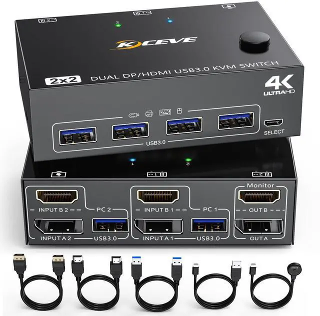 Main image of DP HDMI USB 3.0 KVM Switch 2 Computer 2 Monitors, Dual Monitors Displayport KVM Switcher Supports 4K@60Hz for 2 Computers Share Keyboard, Mouse and Monitor