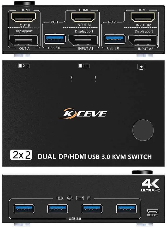 Alt view image 3 of 7 - DP HDMI USB 3.0 KVM Switch 2 Computer 2 Monitors, Dual Monitors Displayport KVM Switcher Supports 4K@60Hz for 2 Computers Share Keyboard, Mouse and Monitor