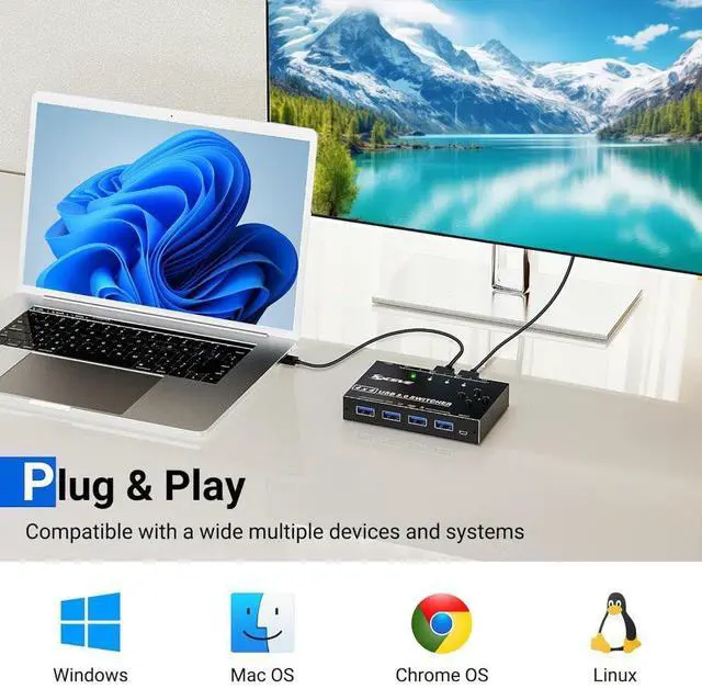 Alt view image 7 of 7 - USB 3.0 Switch Selector 4 Computers, 4 Port USB KVM Switch for 4 PC Share 4 USB Devices for Keyboard Mouse Printer, Wired Remote and 4 USB 3.0 Cables Included