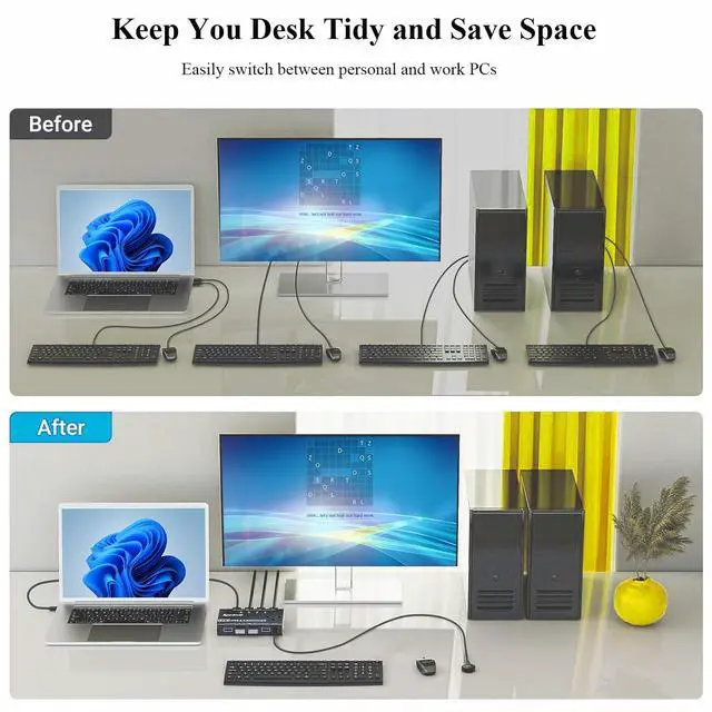 Alt view image 6 of 7 - USB 3.0 Switch Selector 4 Computers, 4 Port USB KVM Switch for 4 PC Share 4 USB Devices for Keyboard Mouse Printer, Wired Remote and 4 USB 3.0 Cables Included