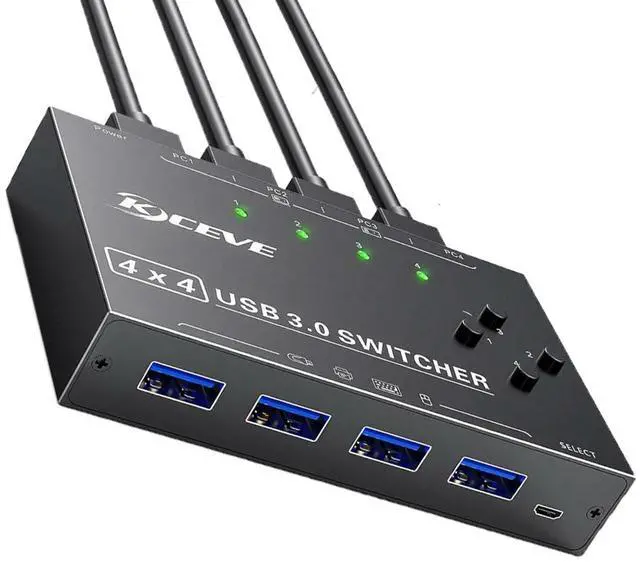 Main image of USB 3.0 Switch Selector 4 Computers, 4 Port USB KVM Switch for 4 PC Share 4 USB Devices for Keyboard Mouse Printer, Wired Remote and 4 USB 3.0 Cables Included