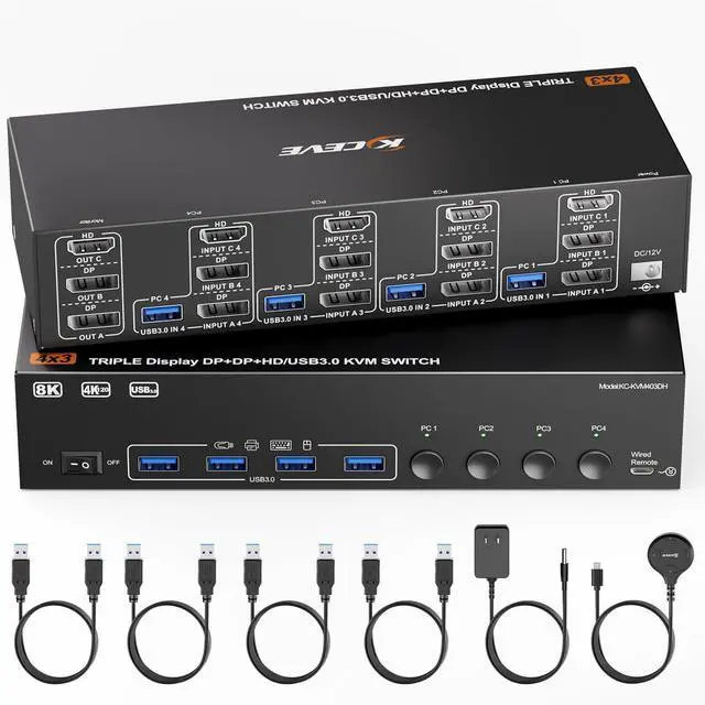 Main image of KVM Switch 3 Monitors 4 Computers 8K@60Hz 4K@144Hz, HDMI +2 Displayport Triple Monitor KVM Switch with 4 USB Ports for Keyboard Mouse,Support Extended/Copy Mode, with Wired Remote and 4 USB Cables