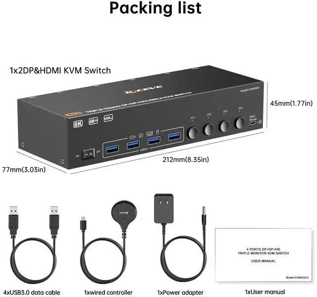 Alt view image 7 of 7 - KVM Switch 3 Monitors 4 Computers 8K@60Hz 4K@144Hz, HDMI +2 Displayport Triple Monitor KVM Switch with 4 USB Ports for Keyboard Mouse,Support Extended/Copy Mode, with Wired Remote and 4 USB Cables