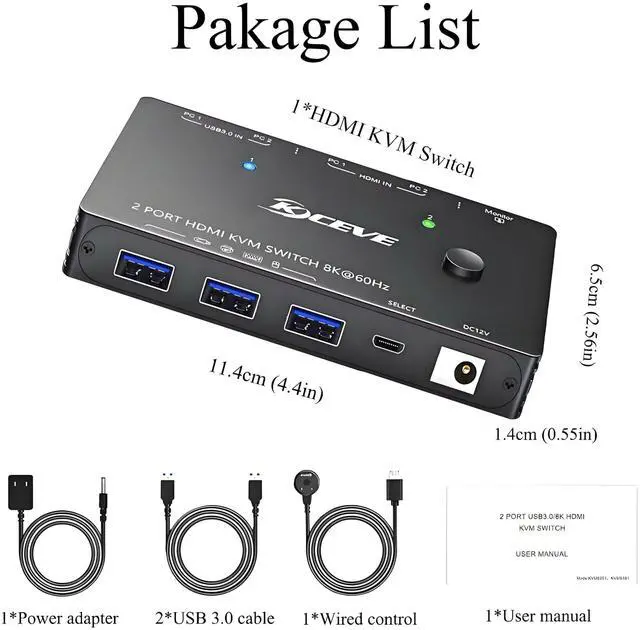 Alt view image 7 of 7 - 8K KVM Switch 1 Monitor 2 Computers 8K@60Hz 4K@120Hz, HDMI KVM Switch with 3 USB 3.0 Ports for 2 Computers Share 1 Monitor Keyboard Mouse Printer, with 2 USB Cables and Controller