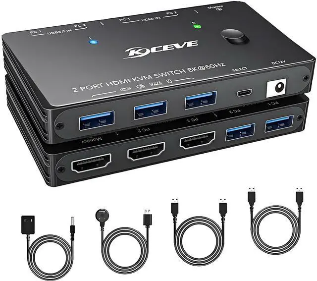 Main image of 8K KVM Switch 1 Monitor 2 Computers 8K@60Hz 4K@120Hz, HDMI KVM Switch with 3 USB 3.0 Ports for 2 Computers Share 1 Monitor Keyboard Mouse Printer, with 2 USB Cables and Controller