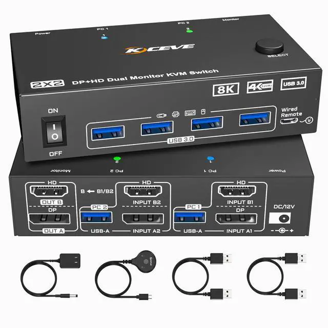 Main image of KVM Switch 2 Monitors 2 Computers 4K@144Hz 8K@60Hz, HDMI Displayport Dual Monitor KVM Switch for 2 PC Share 2 Monitors Keyboard Mouse Printer, Wired Remote,Power Adapter and USB Cable Included