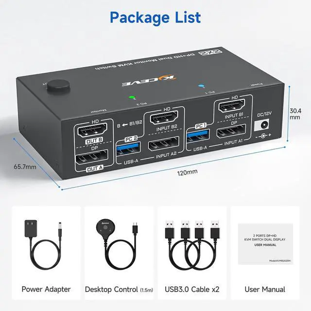 Alt view image 7 of 7 - KVM Switch 2 Monitors 2 Computers 4K@144Hz 8K@60Hz, HDMI Displayport Dual Monitor KVM Switch for 2 PC Share 2 Monitors Keyboard Mouse Printer, Wired Remote,Power Adapter and USB Cable Included