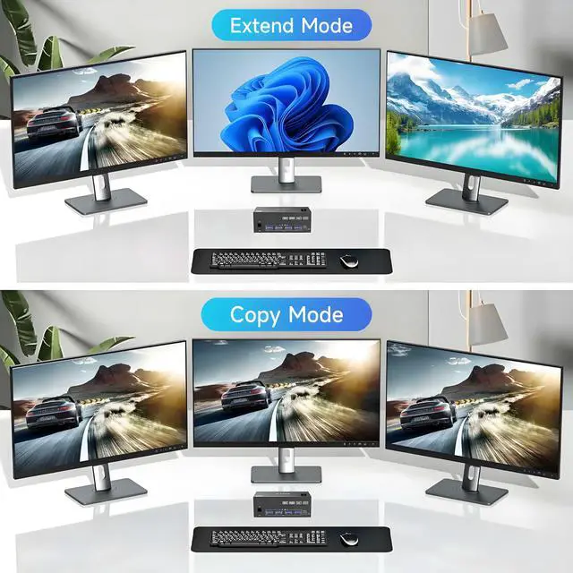 Alt view image 4 of 7 - HDMI+2 DisplayPort KVM Switch 3 Monitors 2 Computers 8K@60Hz 4K@144Hz, Triple Monitor KVM Switch with 4 USB3.0 Port for Keyboard Mouse Printer, 1*HDMI+2*DP+2*USB Cables and Wired Controller Included