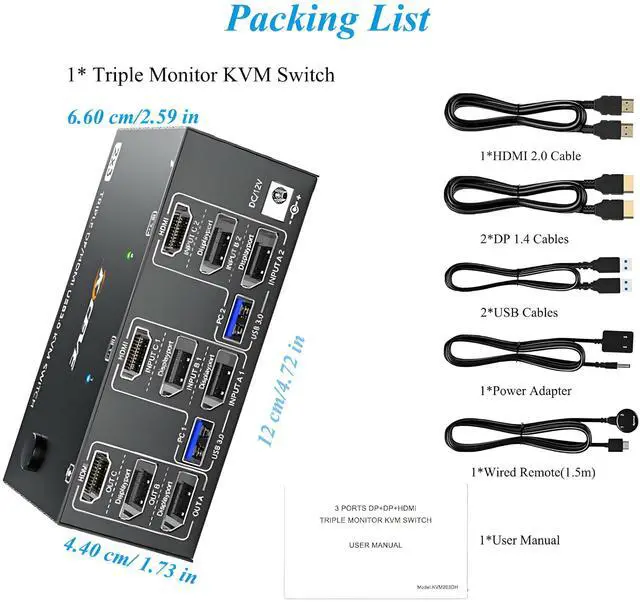 Alt view image 7 of 7 - HDMI+2 DisplayPort KVM Switch 3 Monitors 2 Computers 8K@60Hz 4K@144Hz, Triple Monitor KVM Switch with 4 USB3.0 Port for Keyboard Mouse Printer, 1*HDMI+2*DP+2*USB Cables and Wired Controller Included