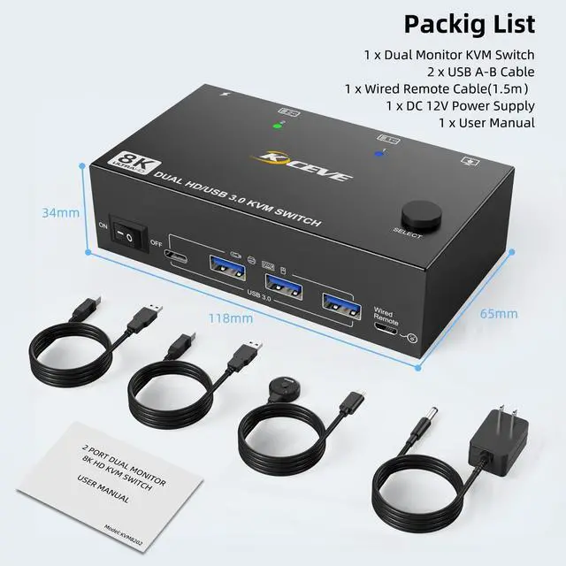 Alt view image 7 of 7 - 8K HDMI KVM Switch 2 Monitors 2 Computers Dual Monitor Support 8K@60Hz 4K@120Hz, Dual Monitor KVM Switch HDMI 2 Port and 4 USB3.0 Devices,Wired Remote and 12V Power Adapter Included