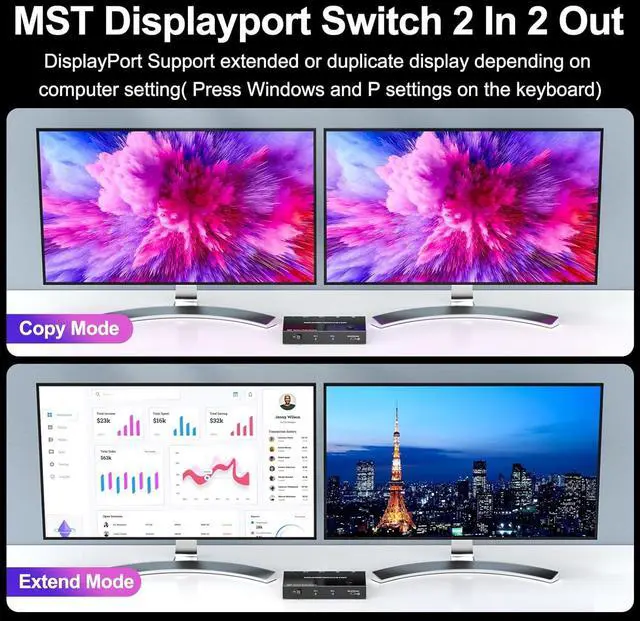 Alt view image 3 of 7 - Dual Monitor Switch 4K@60Hz Displayport Switch Dual Monitor for 2 Computer Extended Display 2 Monitors 2 Computers Extend/Copy Display Adapter.(macOS only Supports SST Mode)