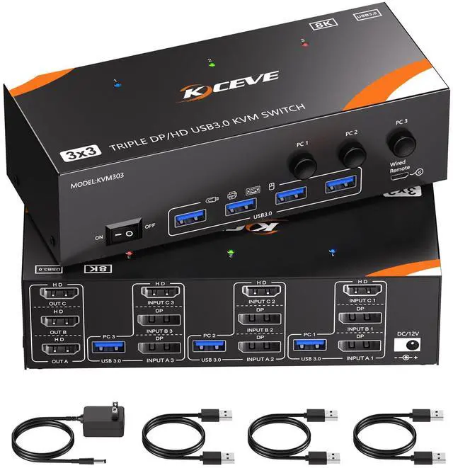 Main image of KVM Switch 3 Monitors 3 Computers 8K@60Hz/4K@120Hz, HDMI DP KVM Switches for 3 PC Sharing Triple Monitor and Keyboard Mouse with Power Adapter, Wired Extend Controller and USB3.0 Cables