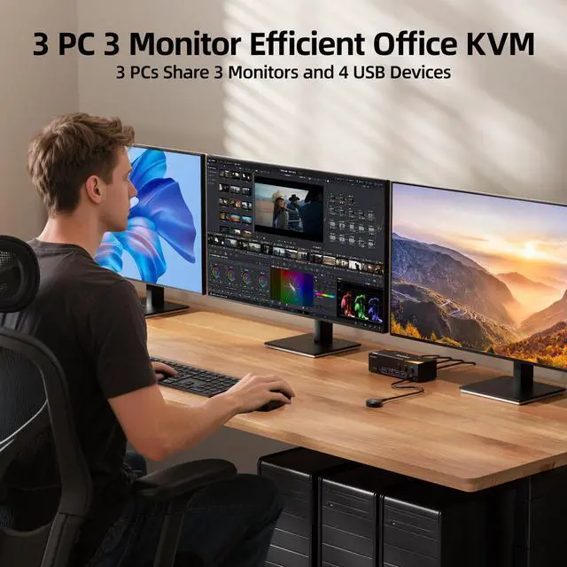 Alt view image 3 of 7 - KVM Switch 3 Monitors 3 Computers 8K@60Hz/4K@120Hz, HDMI DP KVM Switches for 3 PC Sharing Triple Monitor and Keyboard Mouse with Power Adapter, Wired Extend Controller and USB3.0 Cables