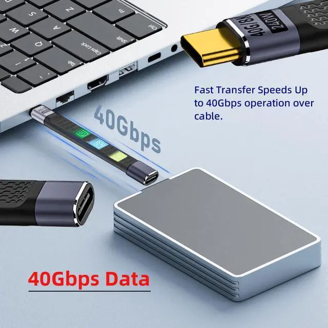 Alt view image 4 of 7 - Vszerda 40Gbps USB4 Male to Female Straight Slim Flat Extension Cable 13cm with 240W Charging and 8K@60Hz Compatible with Thunderbolt3/4