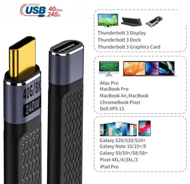 Alt view image 6 of 7 - Vszerda 40Gbps USB4 Male to Female Straight Slim Flat Extension Cable 13cm with 240W Charging and 8K@60Hz Compatible with Thunderbolt3/4