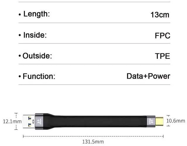 Alt view image 5 of 7 - Vszerda 10Gbps USB 3.1 Type C Male Host to USB3.0 Type A Male Flat Slim FPC Data Cable for Laptop & Phone 13CM