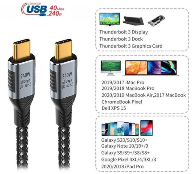 Alt view image 7 of 7 - Vszerda USB-C USB4 Cable 240W 40Gbps USB3.1 100W 8K@60Hz 5K USB4.0 Data Transfer Cord Compatible with Thunderbolt3/4 0.5M