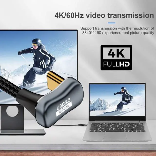 Alt view image 7 of 7 - Vszerda USB 3.1 USB-C Type C Male to Female Cable 10Gbps Data Transfer, 100W PD Charging Cord 4K 60Hz Video Monitor Cable Opposite U Shape Back Angled with Sleeve for Laptop, Chromebook 1.0M