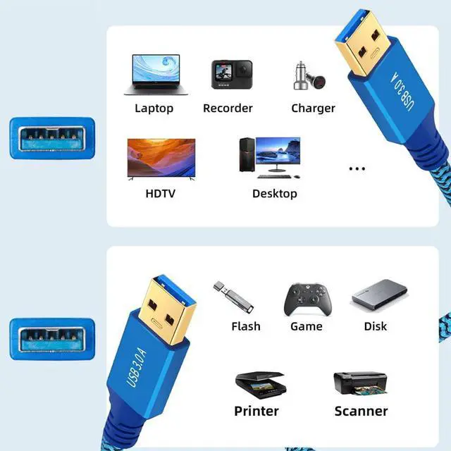 Alt view image 6 of 7 - Vszerda 5Gbps USB 3.0 Type-A Male to USB3.0 A Male Extension Braided Cable Sleeve Blue for Disk SSD Camera Data 0.3m