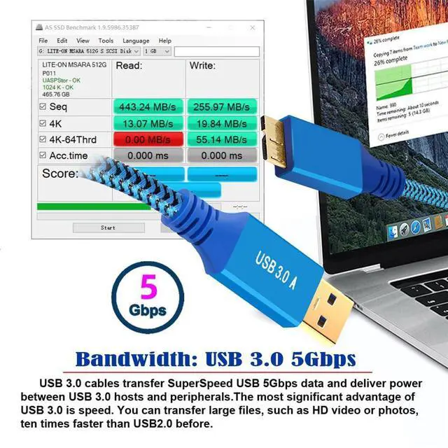 Alt view image 5 of 7 - Vszerda 5Gbps USB 3.0 Type-A Male to USB3.0 Micro-B Male Extension Braided Cable Sleeve Blue for Disk SSD Camera Data 0.6m