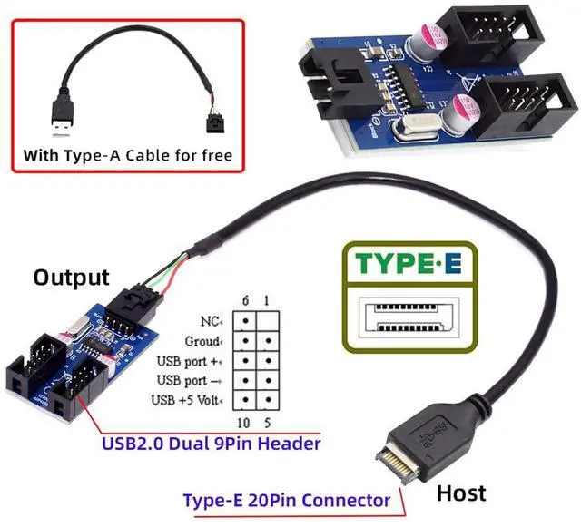 Alt view image 4 of 7 - Vszerda USB 3.1 Type-E Front Panel Header to 4pin IDC Housing USB Type-A Male 1 to 2 Female Motherboard 9pin Header HUB Adapter Port Multiplier