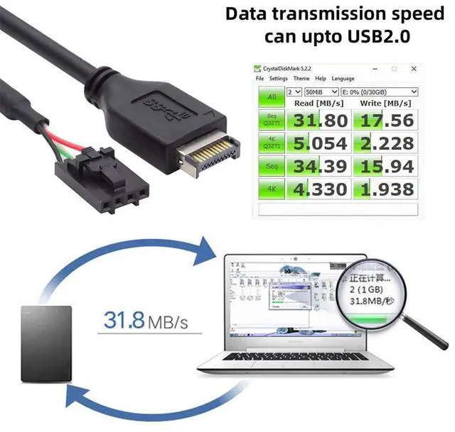 Alt view image 6 of 7 - Vszerda USB 3.1 Front Panel Header Male Type-E Host Adapter to USB 2.0 4pin Motherboard IDC Housing with Latch Device Extension Cable Cord 30cm
