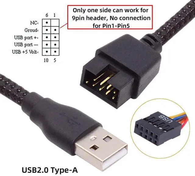 Alt view image 2 of 7 - Vszerda Single USB 2.0 Male Type-A to Motherboard Internal 9Pin 10Pin Male Header Cable Extension Cord with Sleeve 20cm, Stretch-Proof