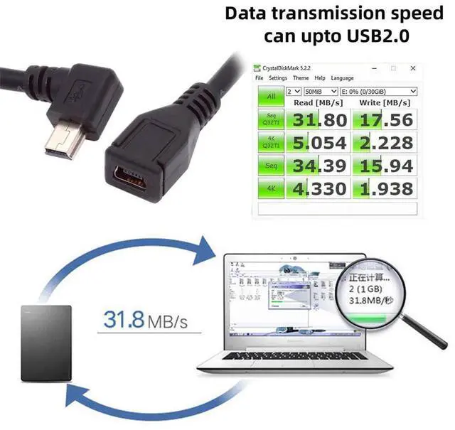 Alt view image 4 of 7 - Vszerda Mini B USB 5Pin Male to Female Extension Cable Type B 90 Degree Left Angle Charger Cord 30cm for GPS Camera