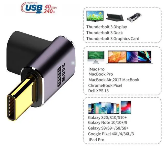 Alt view image 5 of 7 - Vszerda USB4 Type C Male to Female 240W Power 40Gbps Data 8K Video Adapter Low Profile Up Down Angled for NS Phone Laptop