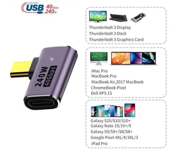 Alt view image 7 of 7 - Vszerda USB4 240W 40Gbps 8K 60Hz Adapter, Type C Male to Female 240W Power 40Gbps Data 8K Video Adapter for NS Phone Laptop (Male to Female Left Right Angled)