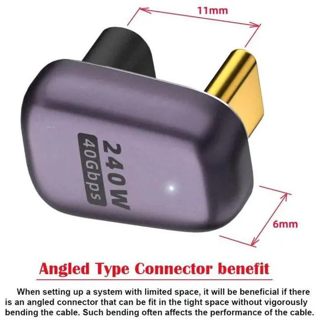 Alt view image 2 of 7 - Vszerda USB4 240W 40Gbps 8K 60Hz Adapter, Type C Male to Female 240W Power 40Gbps Data 8K Video Adapter for NS Phone Laptop (Male to Female Opposite U Shape Back Angled)